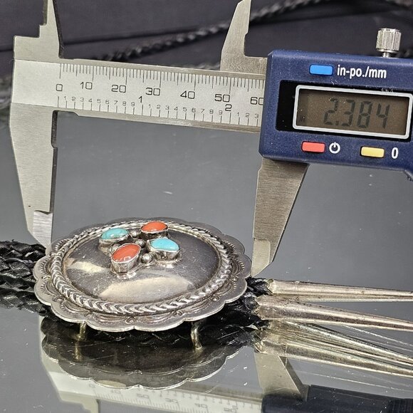 Navajo Turquoise And Coral Sterling Silver Bolo Tie Native American Vintage - Picture 7 of 11